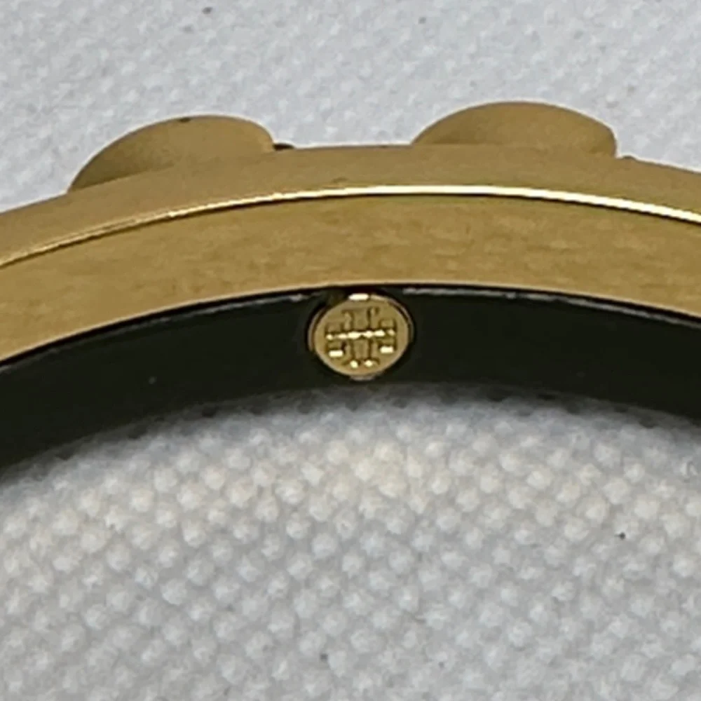 Tory Burch Gold & Dark Green Half-Moon Studded Bangle Bracelet - 2.5” EUC